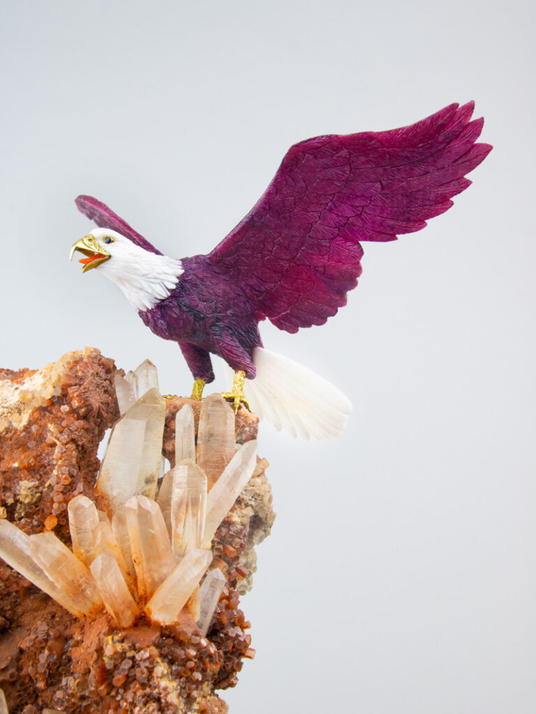 Wings of Dawn Sculpture by Zabih Habib. Majestic Bald Eagle out of Ruby, White Opal, Sapphire and Gold.
