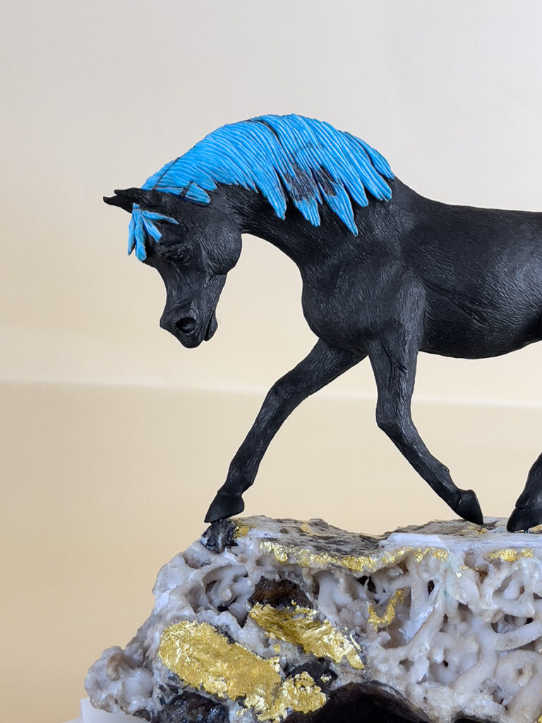 Gemstone Sculpture out of Turquoise & Obsidian Sculpture "DHARRAH AL-RIH" by artist Zabih Habib. From the "Legacy of the Khamsah" series. Depicting a fullblood Arabian Stallion.
