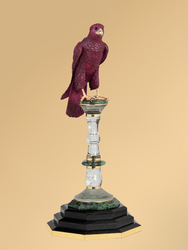 The Monarch's Gaze - Ruby/Gold Falcon Gemstone Sculpture by Artist Zabih Habib from 2016